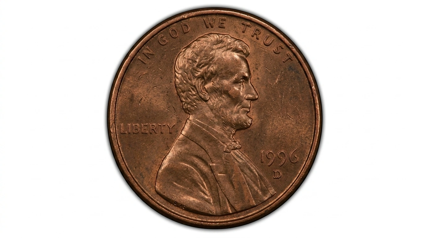 Close-up of a circulated 1996-D Lincoln penny with visible wear details