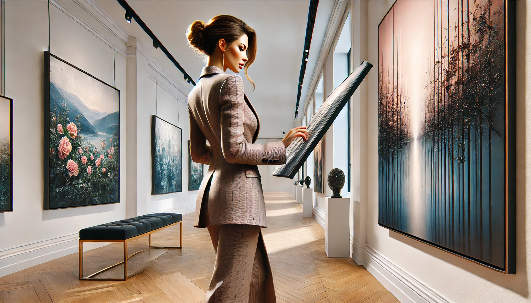 A famous celebrity woman in an upscale art gallery, carefully choosing a painting for her collection to receive dividends in the future.