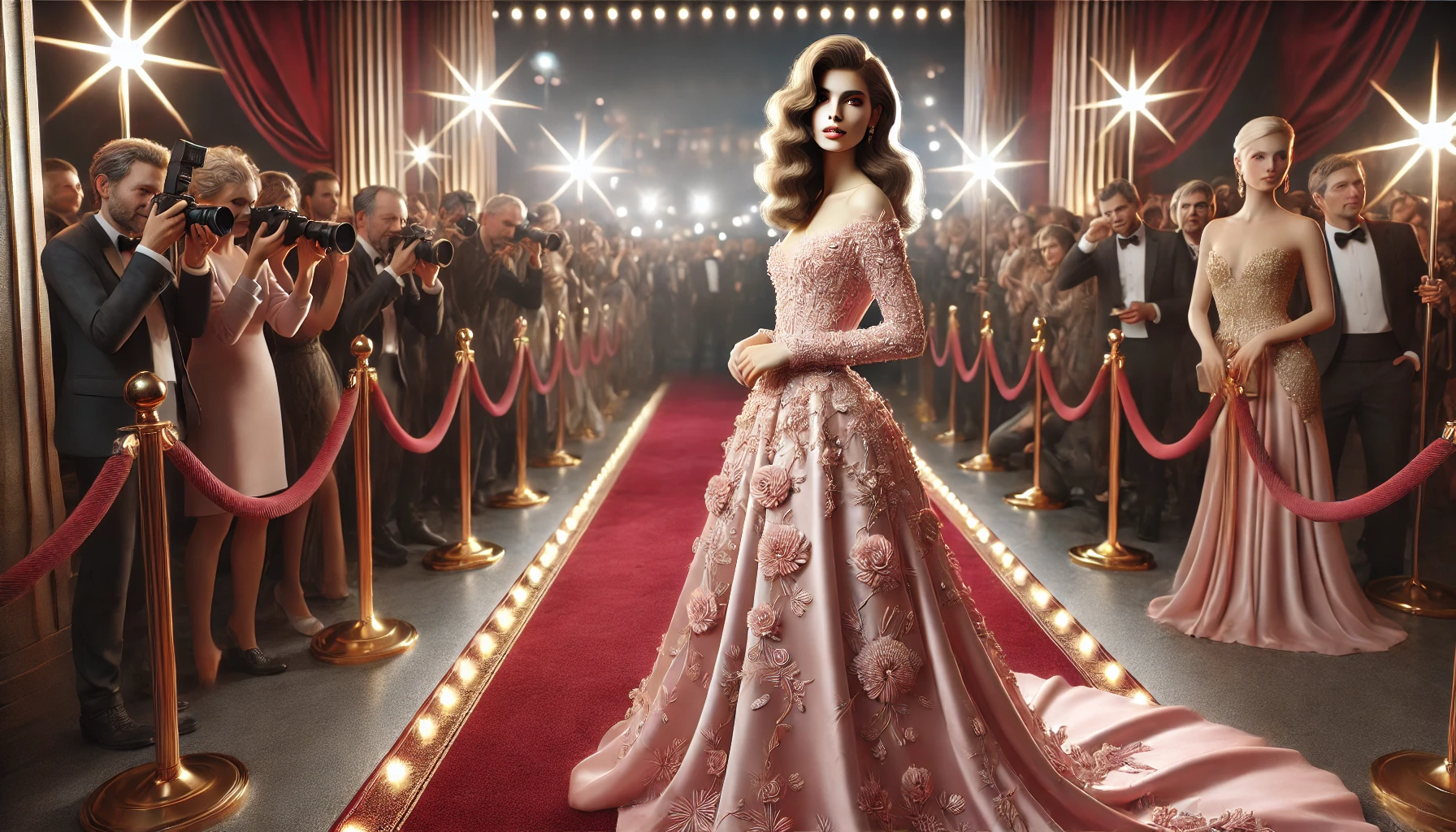 a high-fashion event with a celebrity in an elegant pastel pink gown adorned with intricate floral details.
