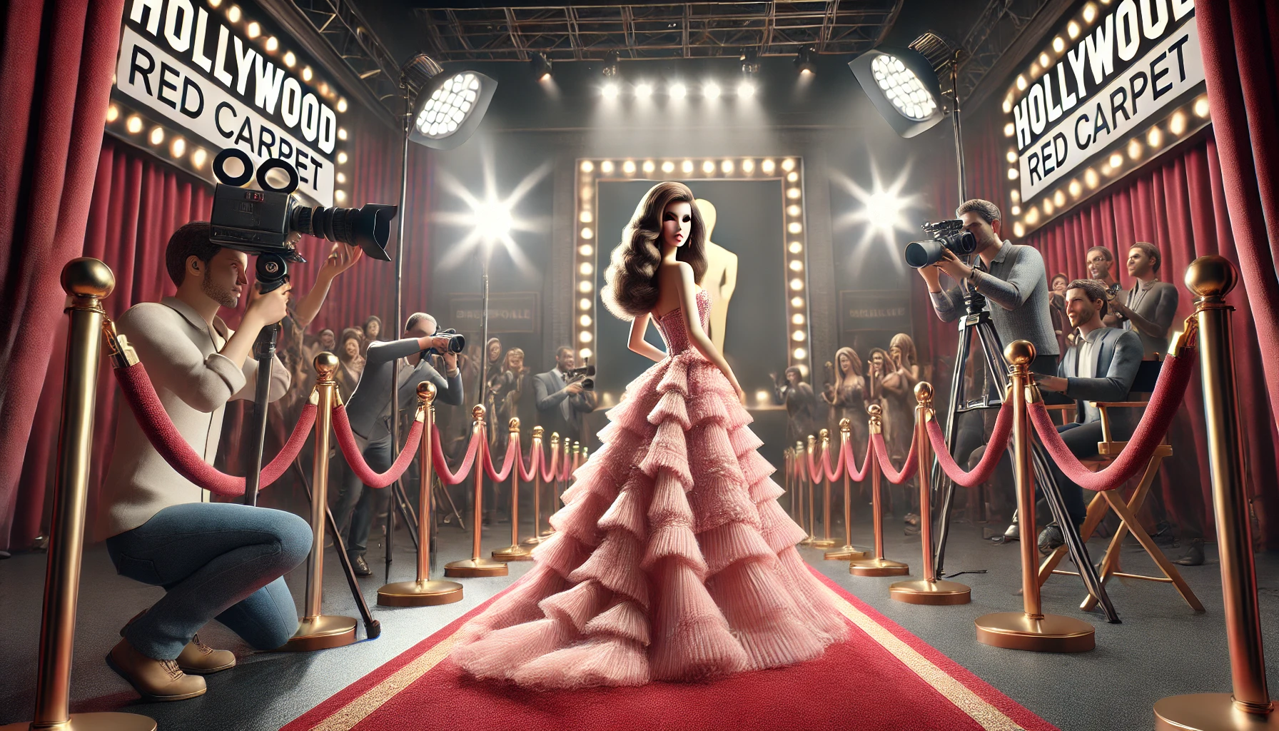 a cinematic red carpet event featuring a glamorous celebrity in a stunning blush-pink gown, inspired by Barbiecore aesthetics.