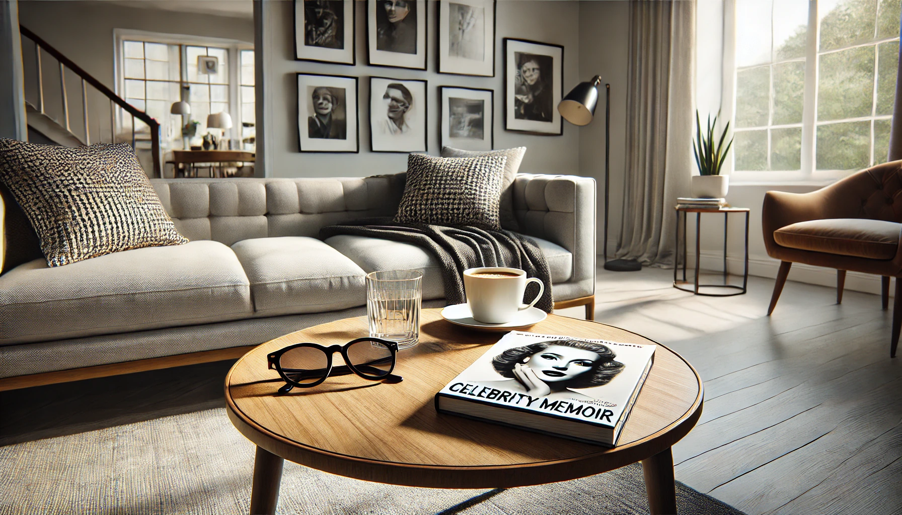 a modern coffee table with a celebrity memoir placed beside a stylish pair of reading glasses and a cup of coffee.