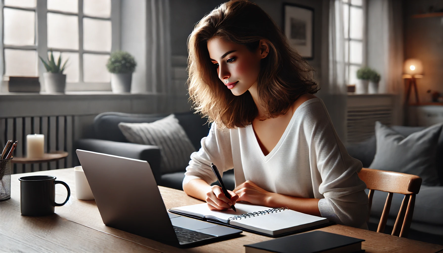 A woman sits at a neatly organized desk in a cozy, well-lit room, intently planning her day on her laptop while making notes in a notebook.