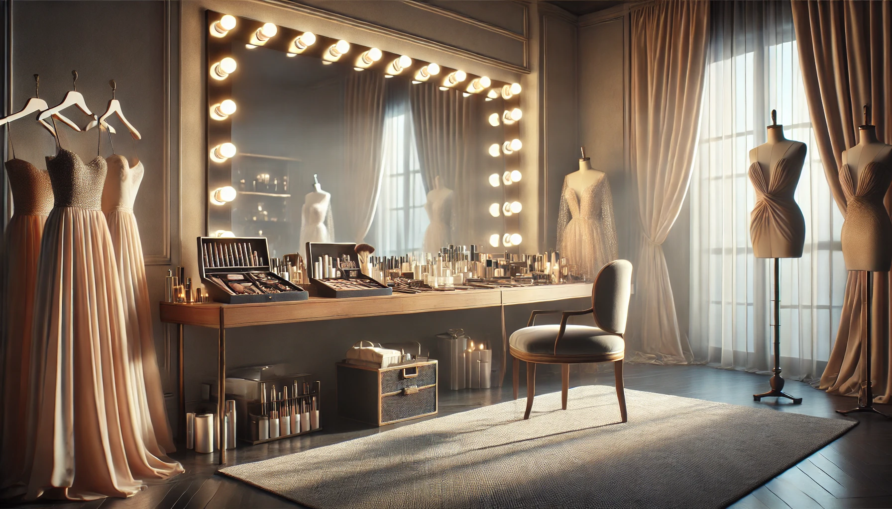 a luxurious and well-lit celebrity dressing room in the early morning.
