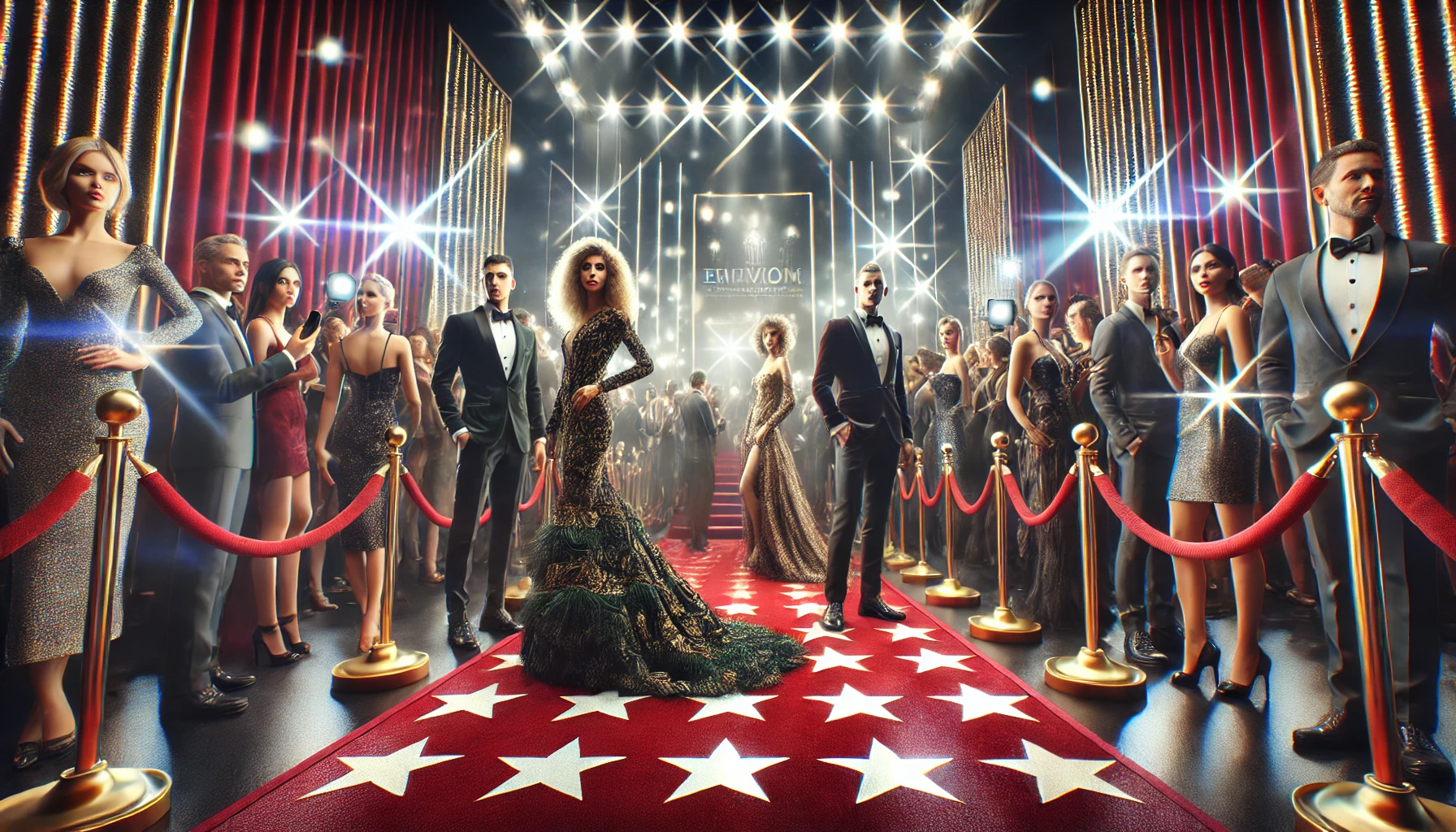 glamorous evening scene of Hollywood celebrities on the red carpet at an awards event.