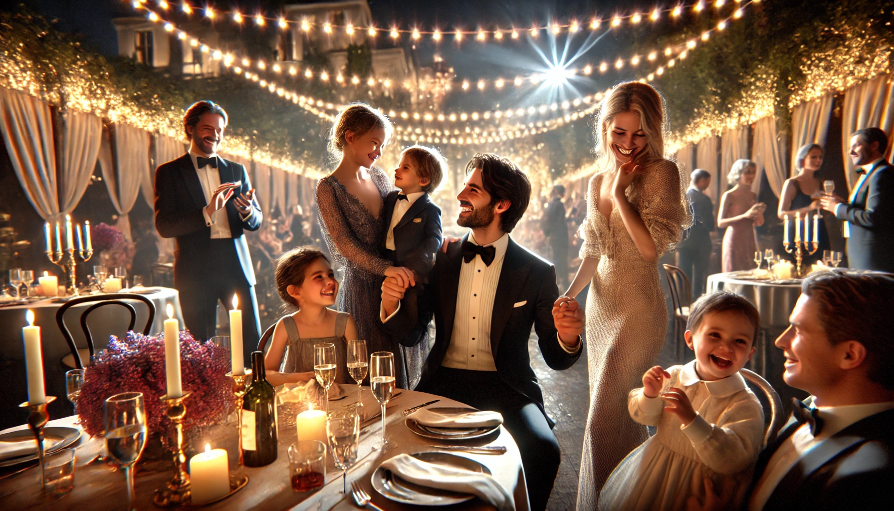 a celebrity family at an elegant evening event. The setting is a glamorous outdoor venue, possibly a garden or terrace, with twinkling lights and stylish décor.