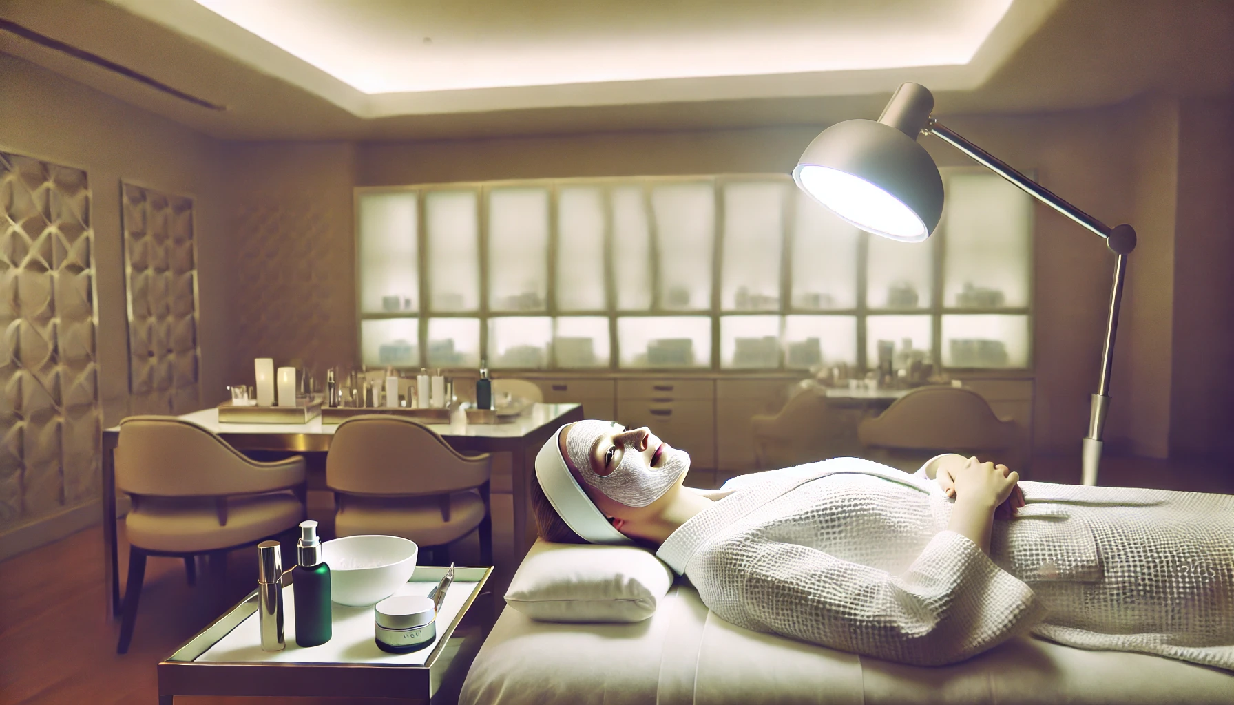 A Hollywood celebrity receiving a luxurious skincare treatment in a high-end spa.