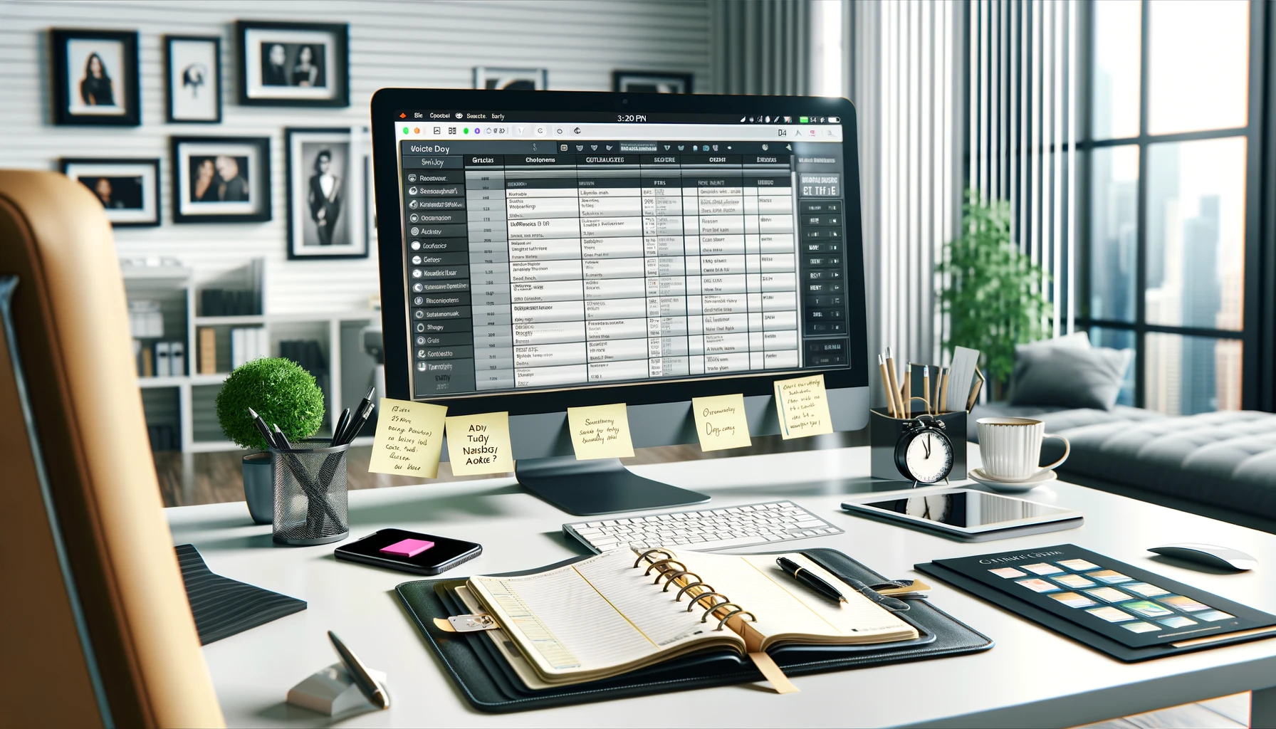 A sleek, modern office desk with a computer, smartphone, and planner open with a detailed daily schedule, set in a well-organized, brightly lit room.