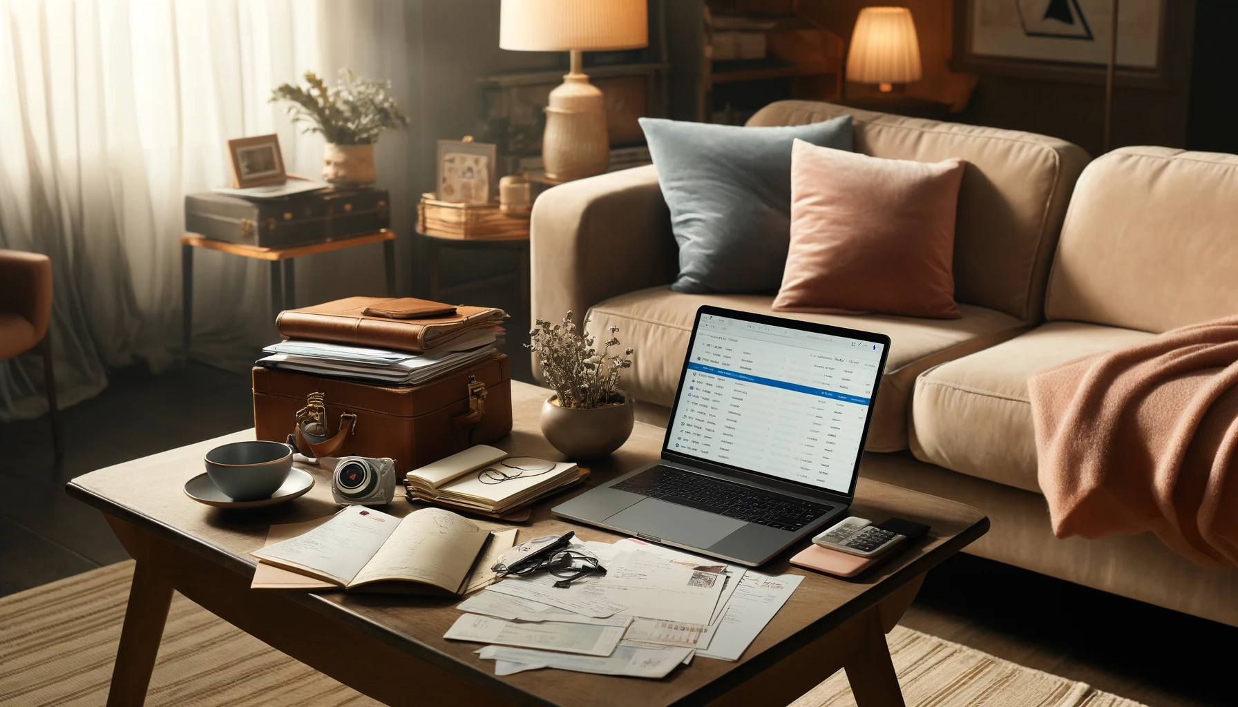 A cozy, stylish living room with a coffee table covered in organized paperwork, travel itineraries, and a laptop open with an email client.