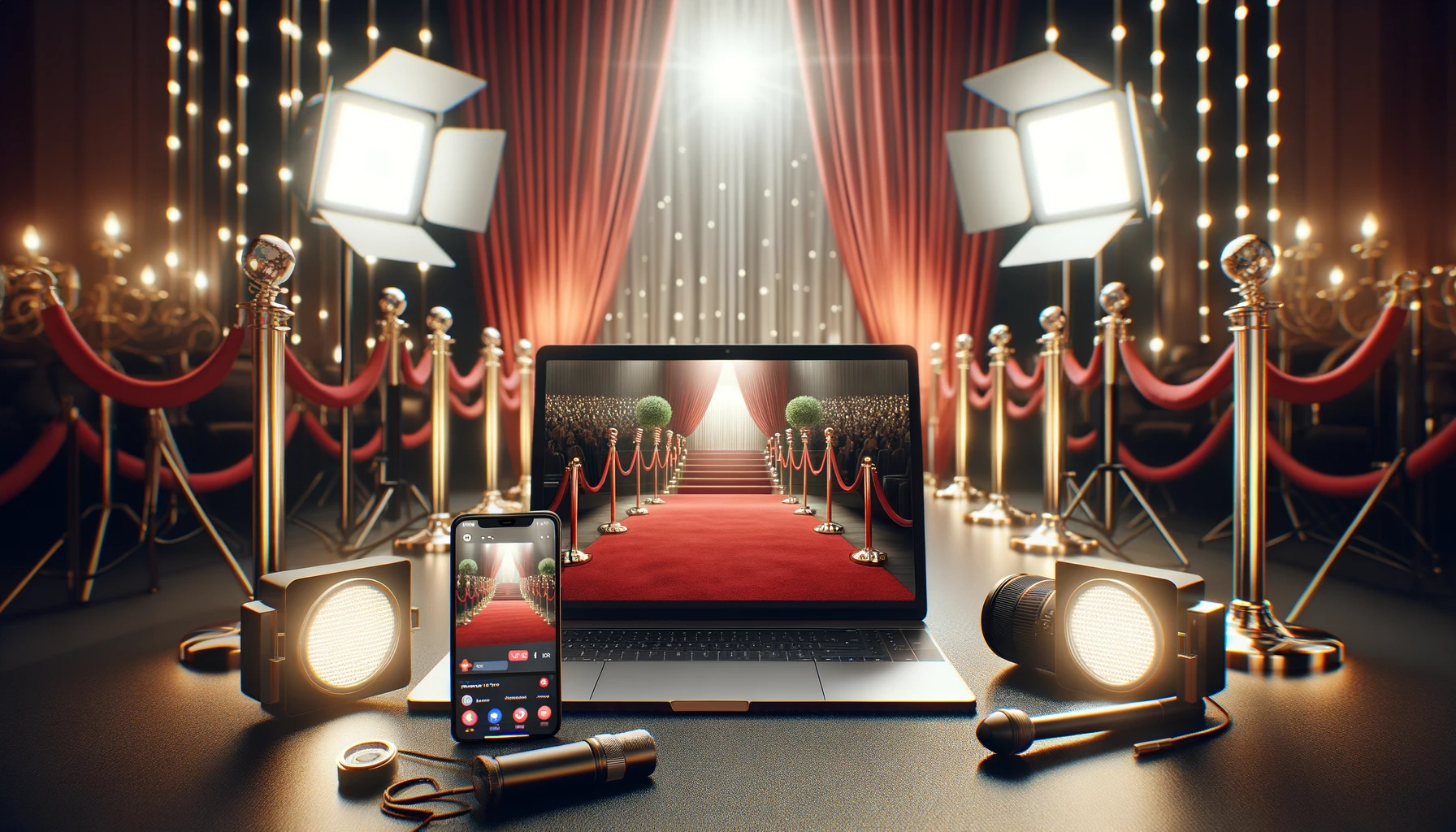 A glamorous virtual red carpet setup with a sleek laptop and smartphone showing live streaming platforms, set against a backdrop of elegant curtains and red carpet.