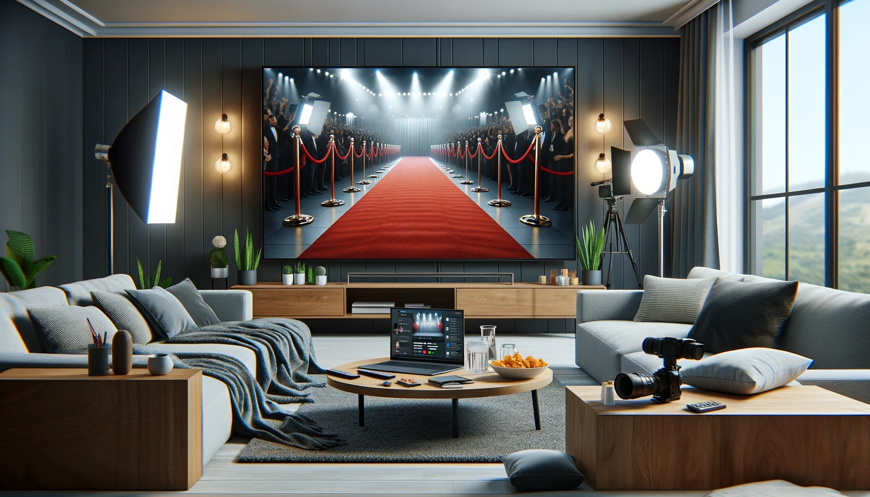 A modern living room with a large screen TV displaying a virtual red carpet event. The scene includes a cozy couch, a coffee table with snacks, and a laptop open to a live chat platform.