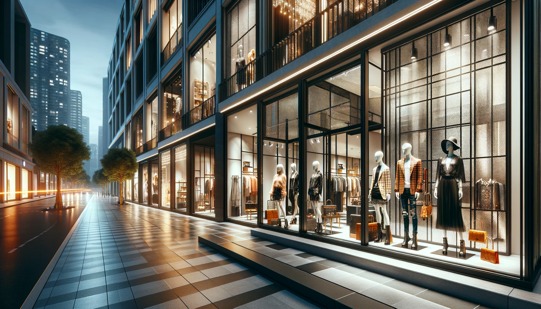 A stylish city street with high-end fashion stores, featuring mannequins dressed in trendy outfits displayed in the windows.