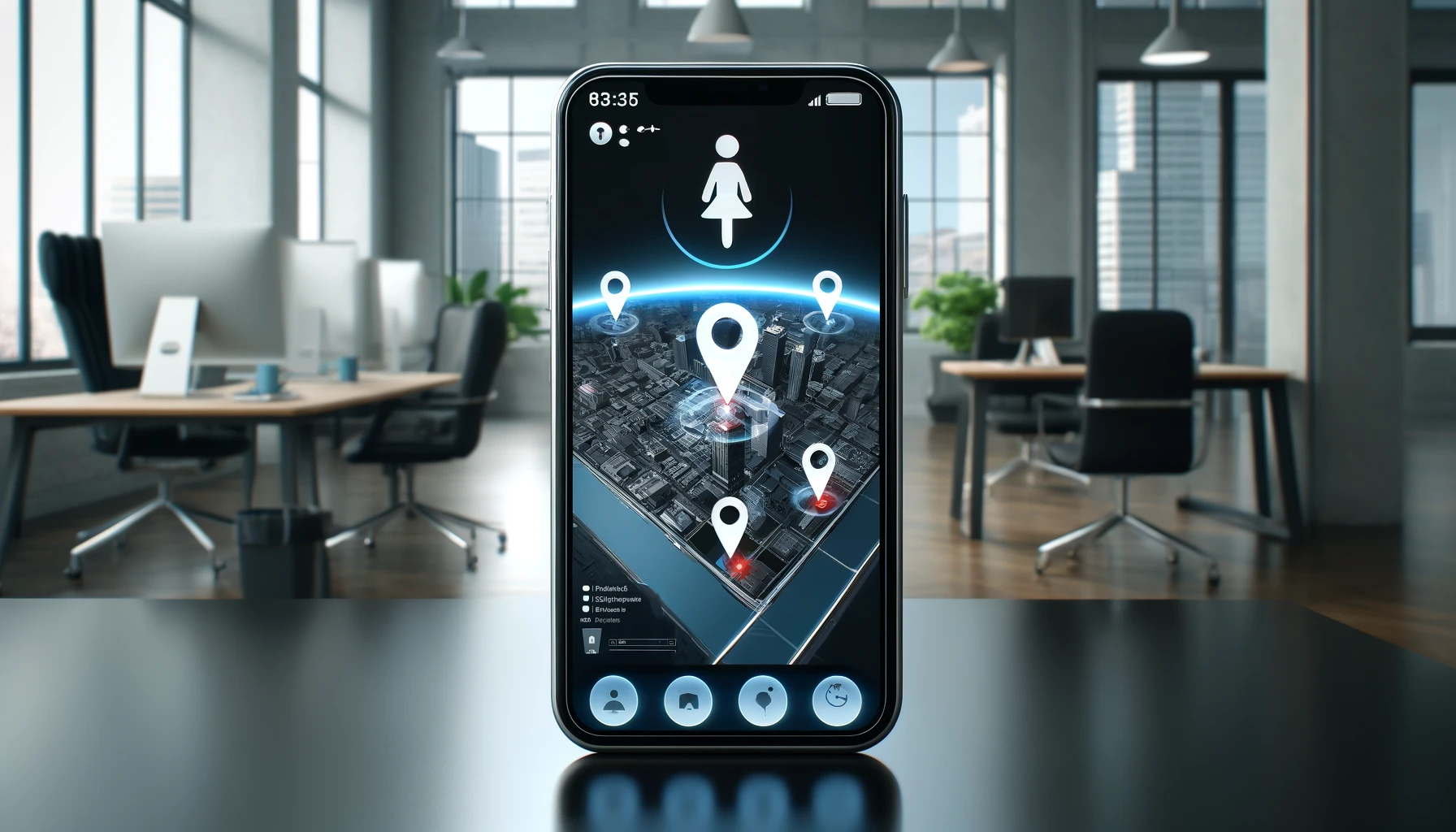 A modern, high-tech smartphone screen displaying a location tracking app interface with real-time location sharing.