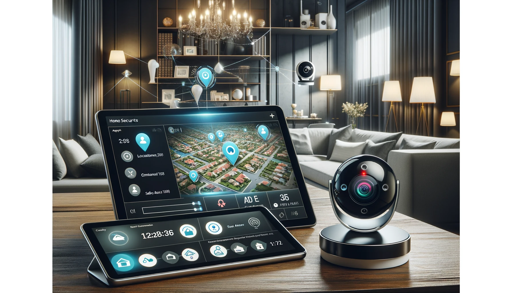 A sleek, high-tech home security setup with multiple devices, including a tablet displaying a location tracking app, security cameras, and smart home controls.