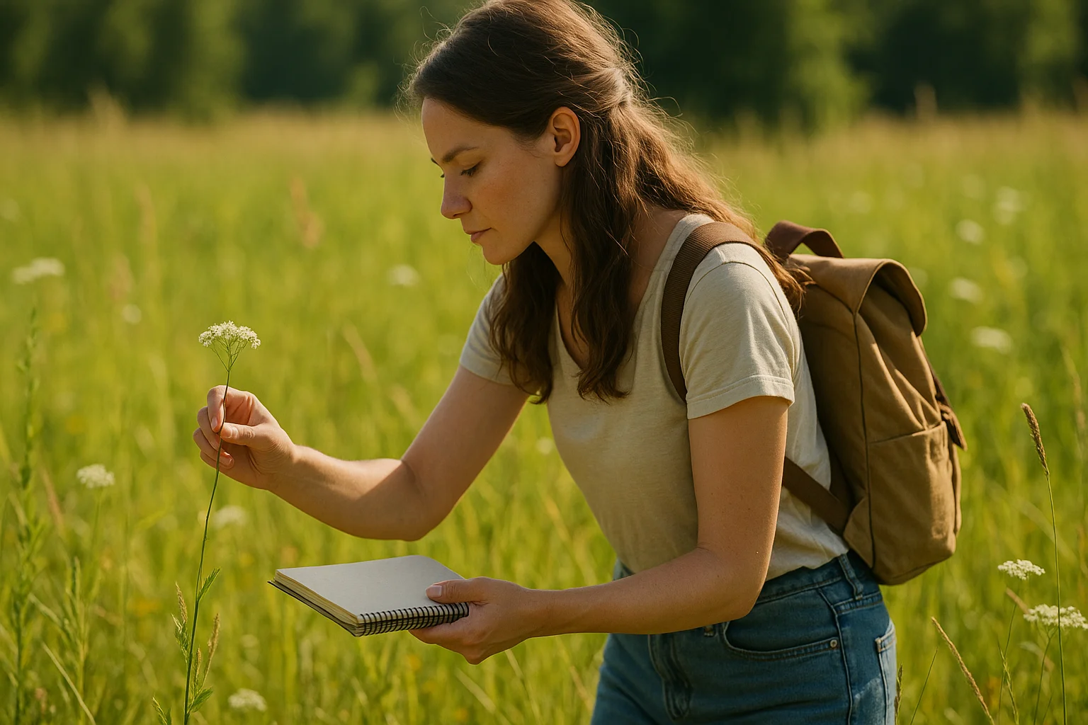 A young woman with a small backpack carefully cuts a wildflower in a sunny field for her herbarium.