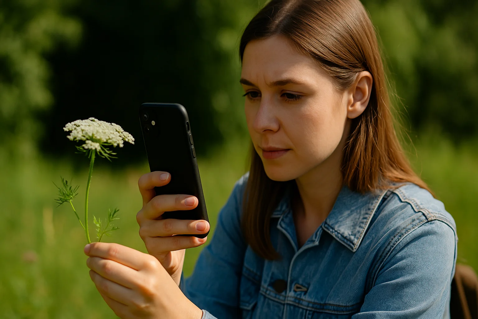 A young woman photographs a plant with her smartphone to identify it and save a digital copy.