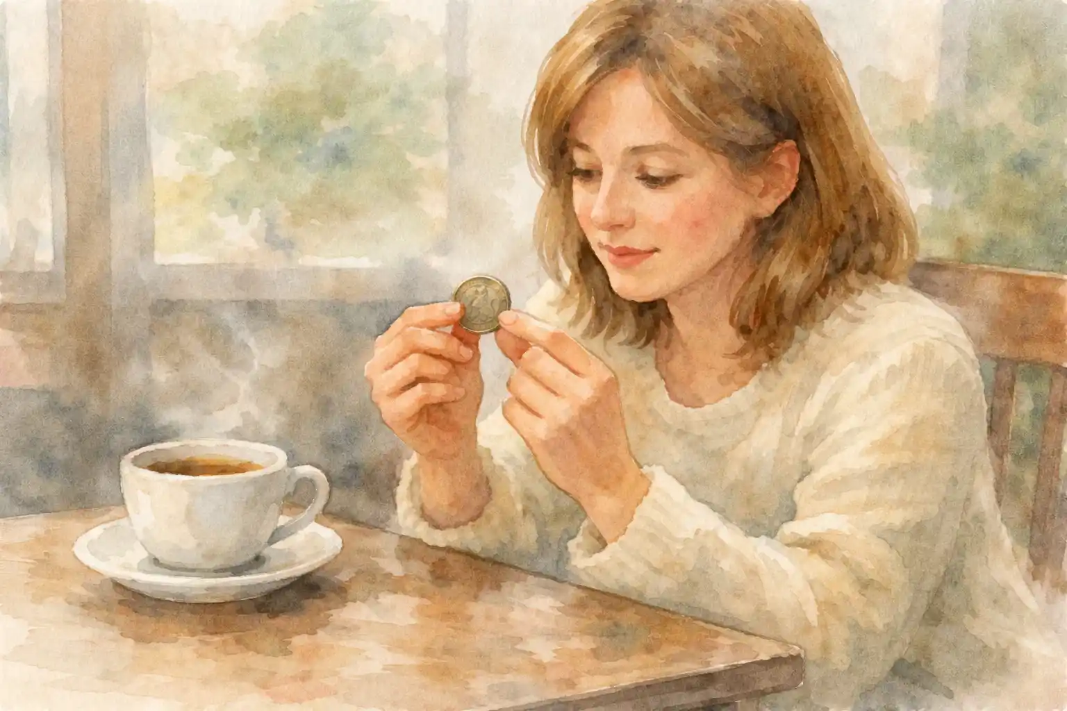 A woman observes a strange dollar coin found in change.