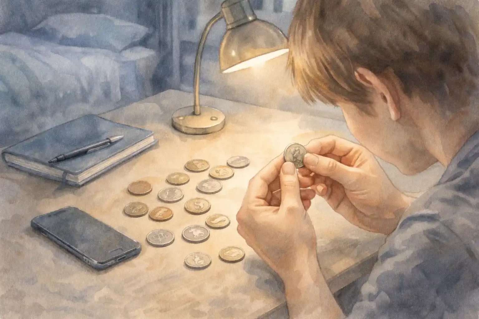 A student observes dollar coins under the lamp.