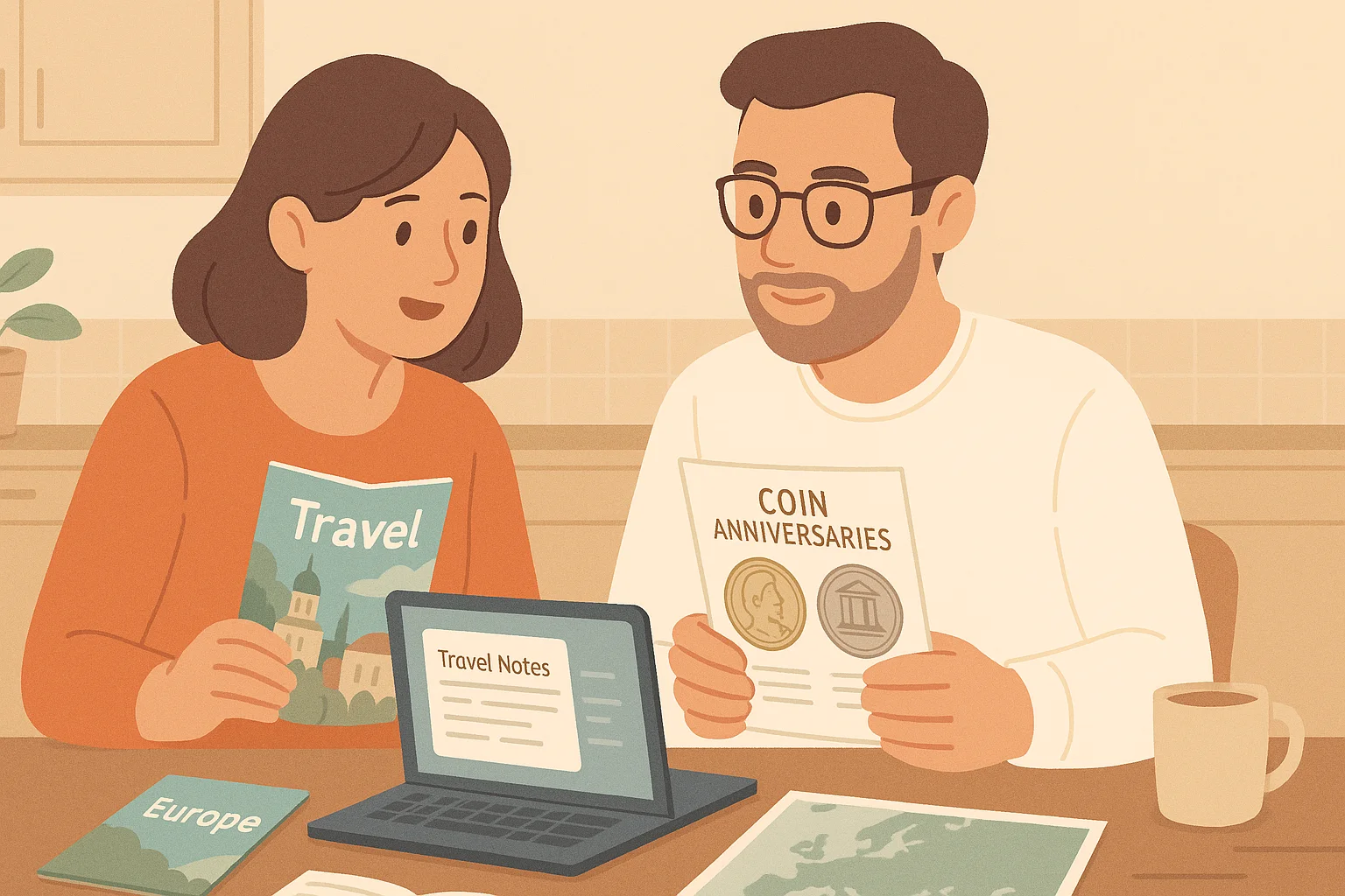 A couple checks European coins anniversaries when planning a trip.