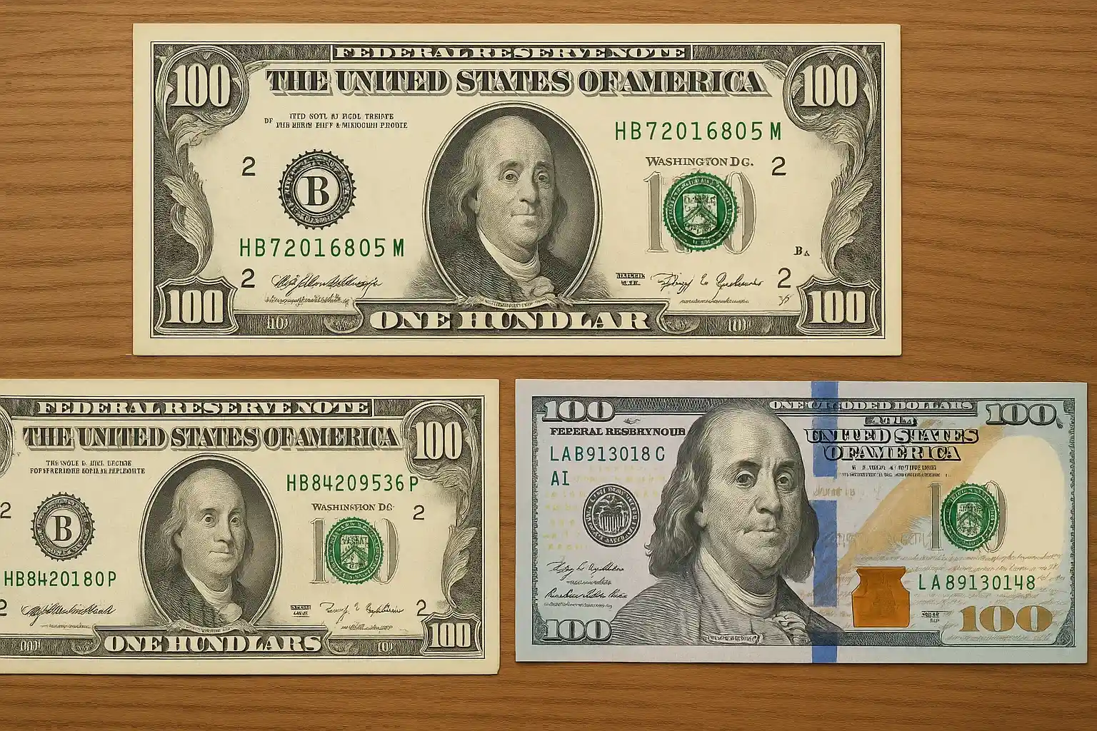 Three different $100 bills show how the note has evolved over time.