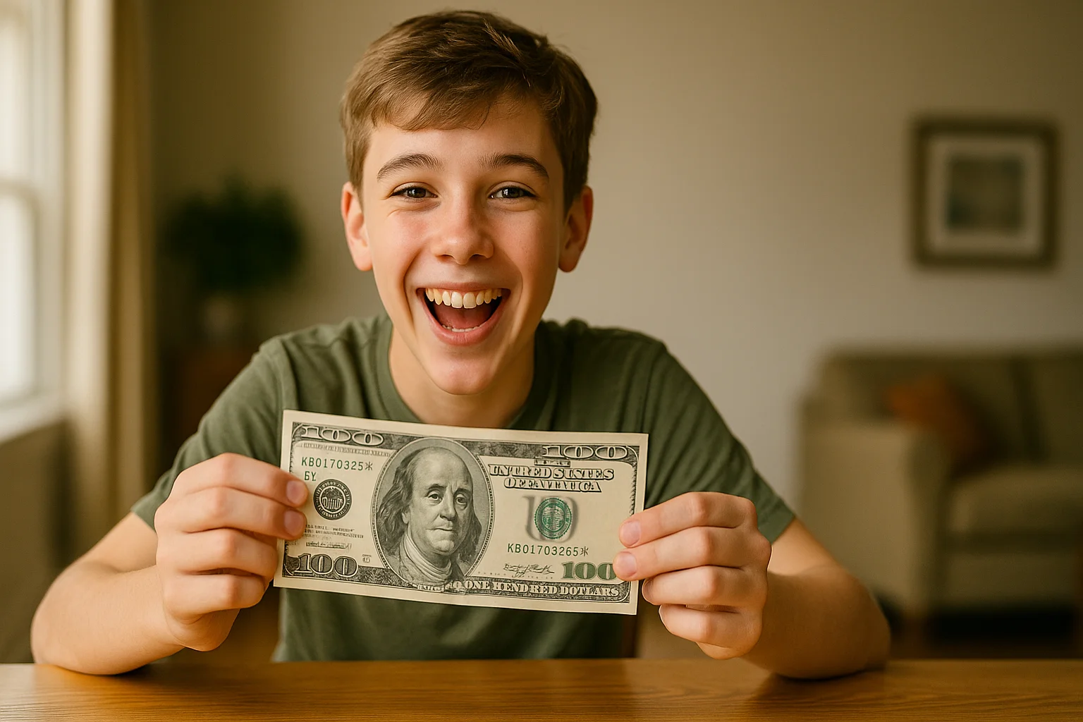 A smiling teenage boy proudly holds a $100 star note, happy to discover its collectible rarity.